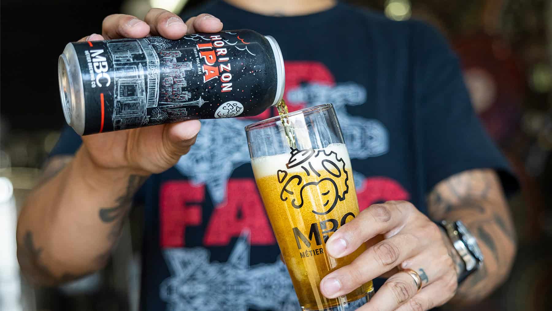 A can of Horizon IPA being poured into a glass.