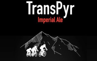 The logo for TransPyr Imperial Ale with three bikers riding in front of mountains.